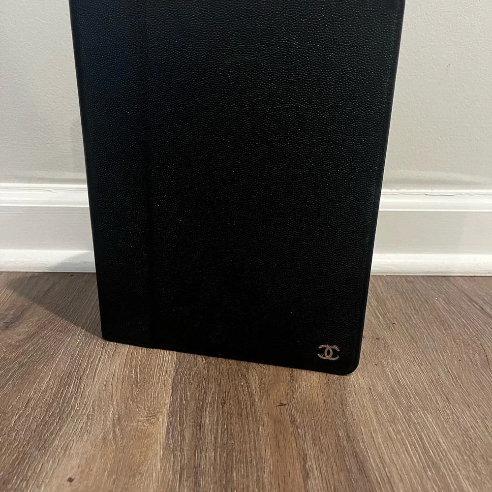 Authentic Chanel Black pebble grain Leather IPad Case / holder